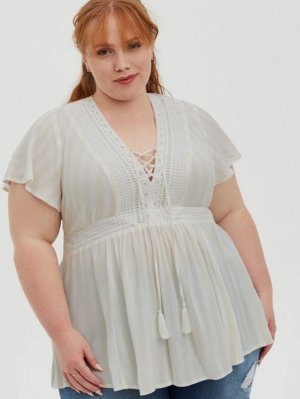 Torrid Babydoll Crinkle Gauze Crochet Inset Lace-Up Top Taupe White 2X